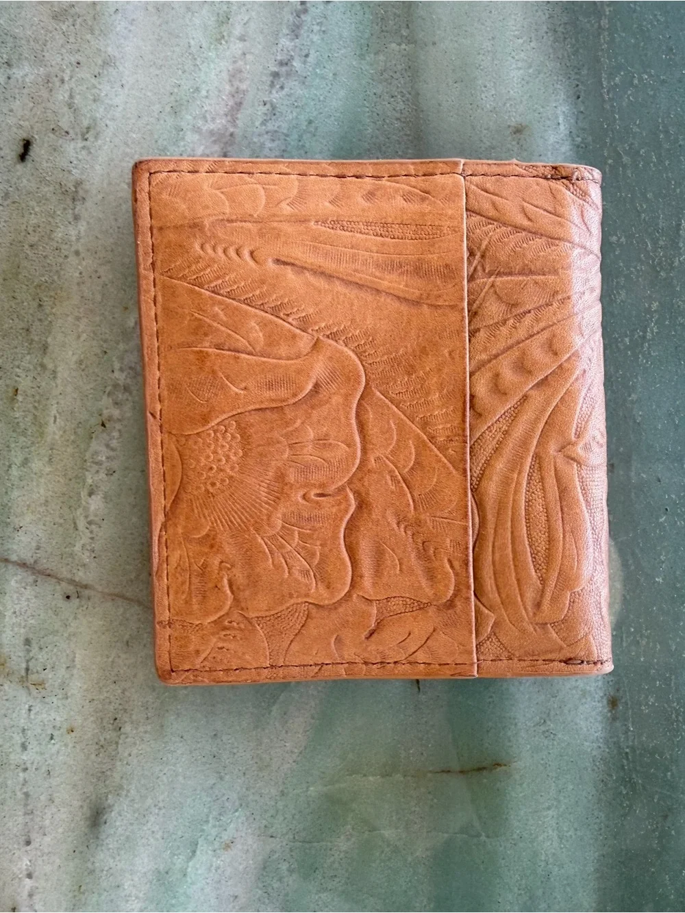 American Leather Co Brown Floral Tooled Trifold Wallet ID Window Zip Coin